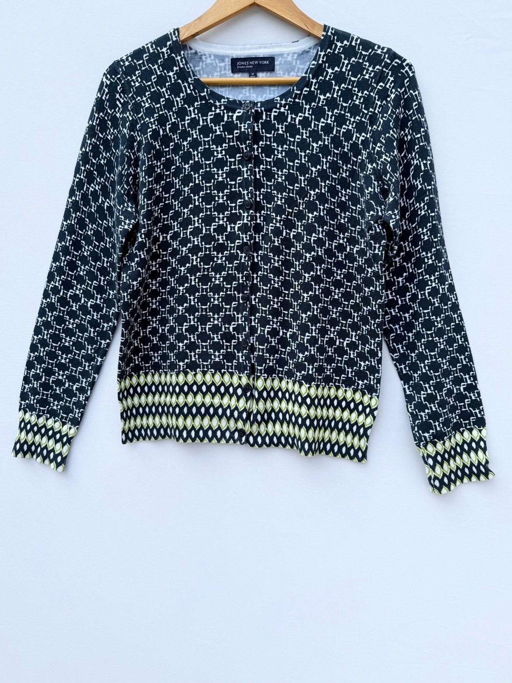 Jones New York Navy Green & White Cardigan Sweater Retro Mod, Medium, NWOT